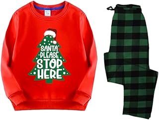 طقم بيجامة للكريسماس، سويت شيرت احمر مع طباعة شجرة سانتا الرجاء التوقف هنا، سروال اخضر منقوش مقاس (L)
