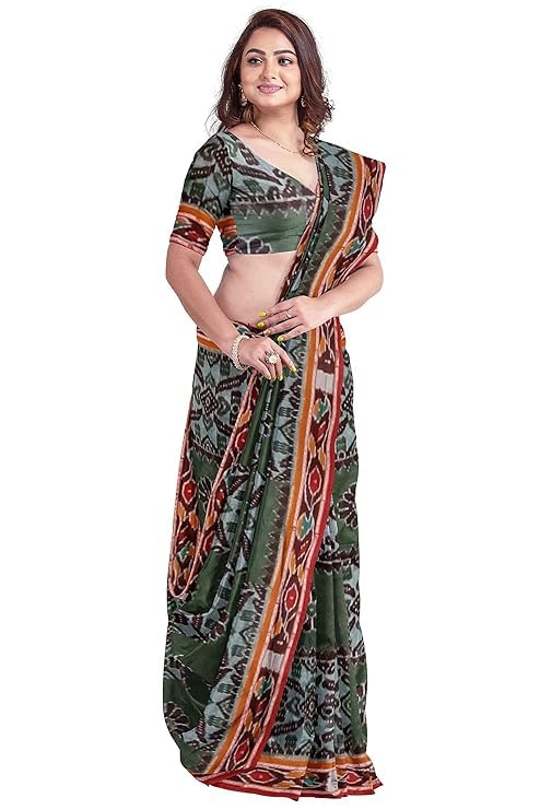 Image of Ikat Women's Cotton Saree, Handmade Pure Cotton Khandua Saree, Ikkat Orissa Traditional Handloom Saree without Blouse