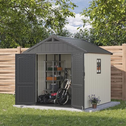 Image of Patiowell 8 x 8 FT Plastic Outdoor Storage Shed with Floor, Resin Shed with Window and Lockable Door for Garden, Backyard, Tool Storage Use, Easy to Install in Beige (Kick-it Shed)