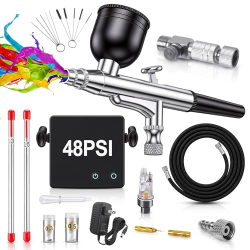 Airbrush Kit with Air Compressor 48 PSI High Pressure Air Brush Non-Clogging with 0.2/0.3/0.5mm Nozzle/Cleaning Sets Ideal for Painting Modeling Cake Decor Makeup