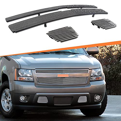 Chrome Grill fits 2007 08 09 10 11 12 13 2014 Chevy Tahoe Suburban Avalanche Polished Aluminium Front Billet Grille Insert Combo Upper+Lower 4pcs (Chrome Al)