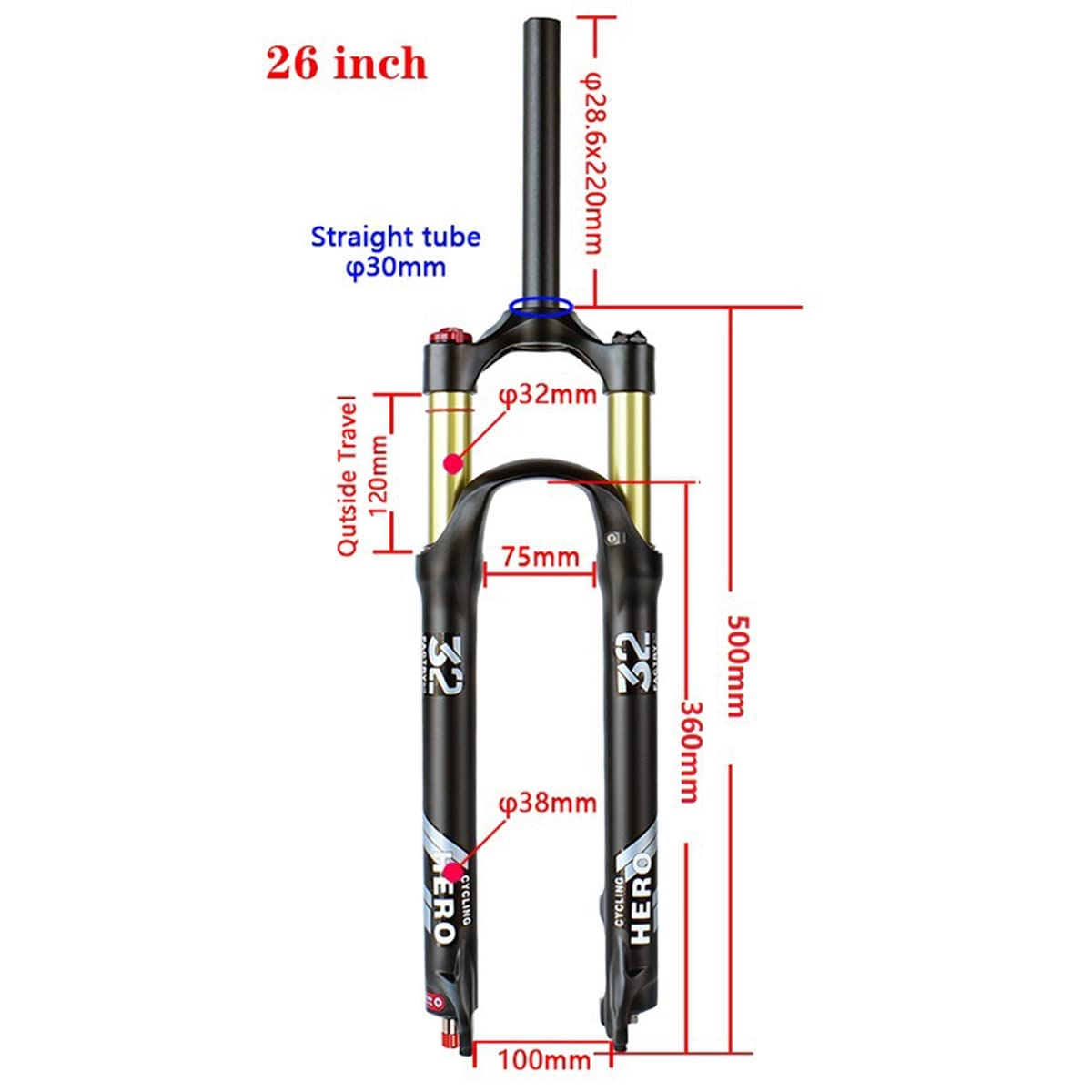 Horquilla para Bicicleta de montaña 26/27.5/29 Pulgadas con Recorrido de Aire, Ajuste de amortiguación de 100 mm, Eje pasante de 1-1/8 QR de 9 mm, Ajuste Manual/Remoto,