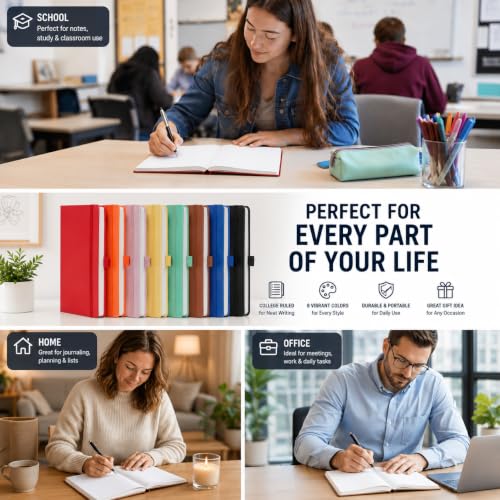 Image of A5 Hardcover Journal Notebooks 6 Pack, Lined Notebook for Writing Work School, 100 GSM Thick Paper, 160 Pages, College Ruled Journal with Pen Holder, Inner Pocket, Ribbon Bookmark and Elastic Closure, 6 Colors