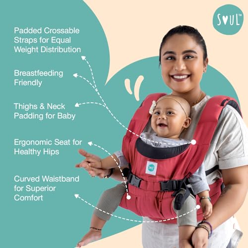 Image of SOULSLINGS 4-in-1 Lali Baby Carrier Bag- Ruby - Cotton | Compact & Lightweight (400g) | Adjustable for 0-24 Months (4-15kg) | Machine Washable & Handwashable | Breastfeeding Friendly