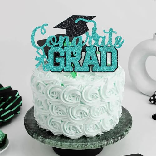 Congrats Grad Cake Topper Graduation Party Table Ideas Glitter Junior High School College University Decorations Teal by DUIILHOS - Used condition - Image 3