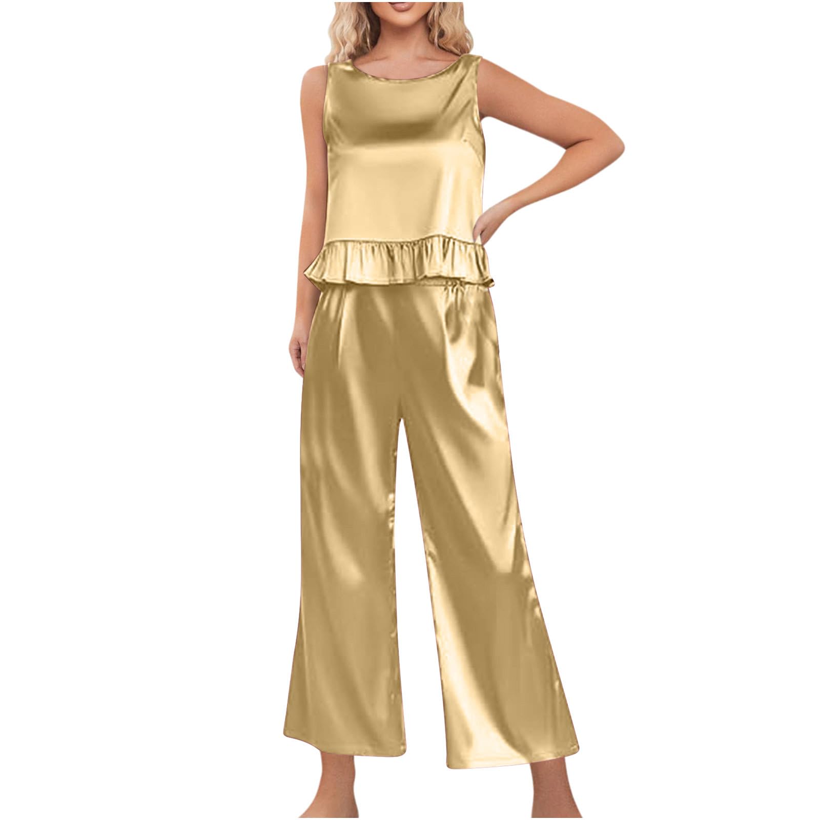 wuitopue Ladies Pyjamas Set Silk Satin Pajamas Set Two-piece Pj Set Round  Neck Sleeveless Tank Crop Top and Wide Leg pants Set with Pockets Sleepwear