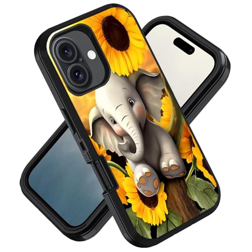 ZXHSBROK Designed for iPhone 16 Plus Case, Military Grade Heavy Duty 3-Layer Shockproof Drop Phone Protective Cover for iPhone 16 Plus (2024) 6.7 inch - Elephant and Sunflower