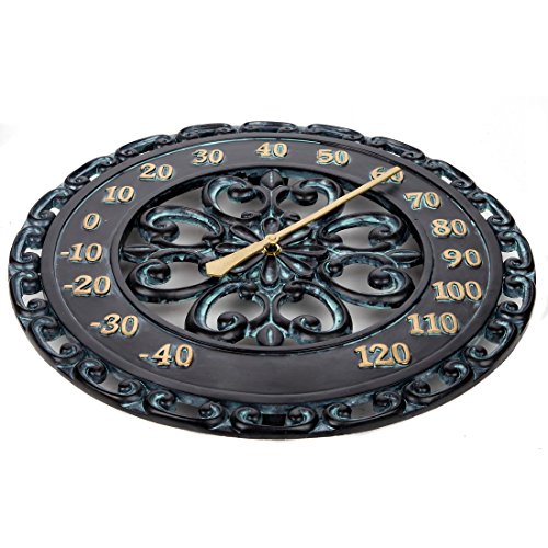 Lily's Home Hanging Verdigris Wall Dial Thermometer, Ideal For Indoor And Outdoor Use, Black (13 Inches) #TOP2