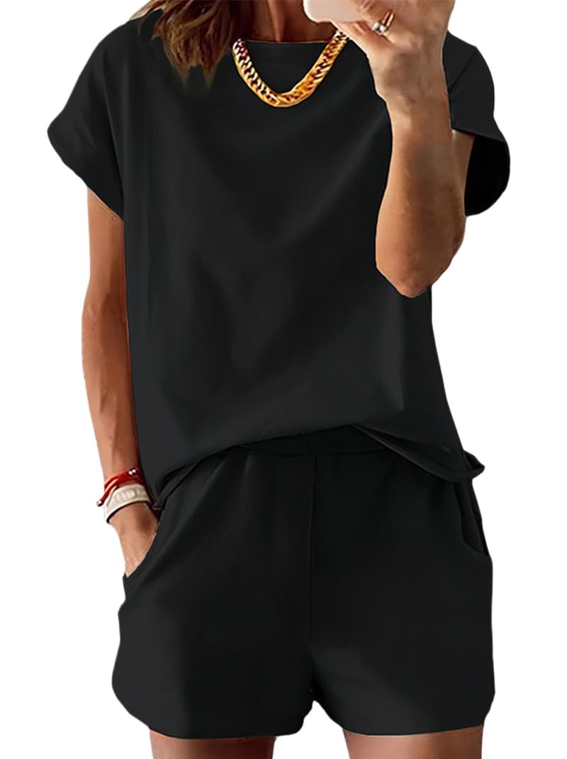 Ensemble Femme Ete 2 pièces Décontractée Pantalon Courte et Haut à Col Rond Survêtement Elegant détente Yoga Sportswear Ensemble de pyjama et col rond Tenue casual Survêtement Jogging pour le fitness