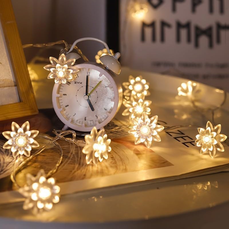 Image of Xenith 14 LED Double Silicone Lotus Flower Fairy String Decorative Lights for Diwali Christmas Tree Home Balcony Bedroom Navratri Ganpati Valentine Decoration (Warm White, 3.5 Meter)