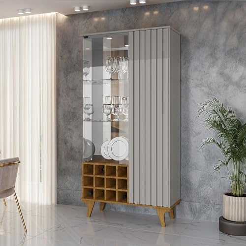 Cristaleira Elba Ripado Real Portas de Vidro Pés de Madeira Maciça 12 Nichos Garrafeiros Off-White/Naturalle