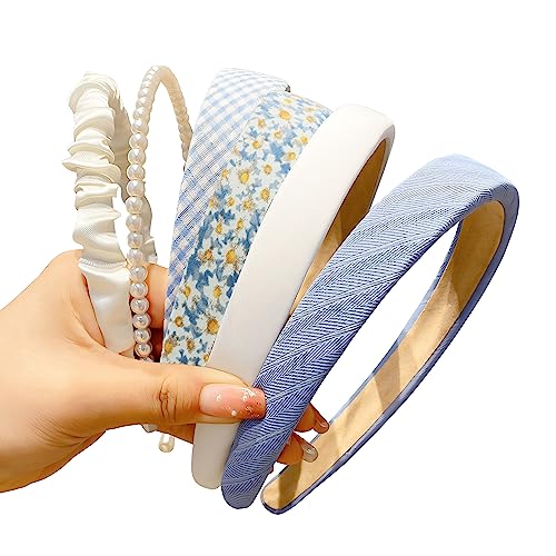 DOXISHRUKY Fashion Headbands Set, 6pcs Pearl Floral Padded Wide Vintage Headbands for Women and Girls (Blue)