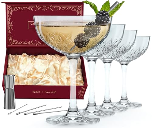 SPIRITIF Set of 4 Coupe Glasses, Includes Jigger and 4