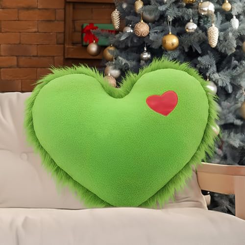 Beeveer 15.7 x 15.7 Inch Green Christmas Throw Pillow Heart Shaped Luxury Fluffy Throw Pillow Red Green Faux Fur Decorative Plush Cushion for Home Bed Couch Sofa Living Room