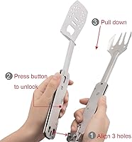 Vista 4 de ROXON Juego de herramientas de barbacoa plegable mini 4 en 1 con espátula, tenedor, pinzas y abrebotellas para acampar y hacer senderismo (gris)