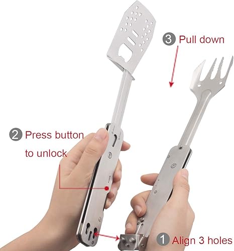 Miniatura 4 de ROXON Juego de herramientas combinadas de mini barbacoa plegable 4 en 1 con espátula, tenedor, pinzas y abridor de botellas para senderismo y