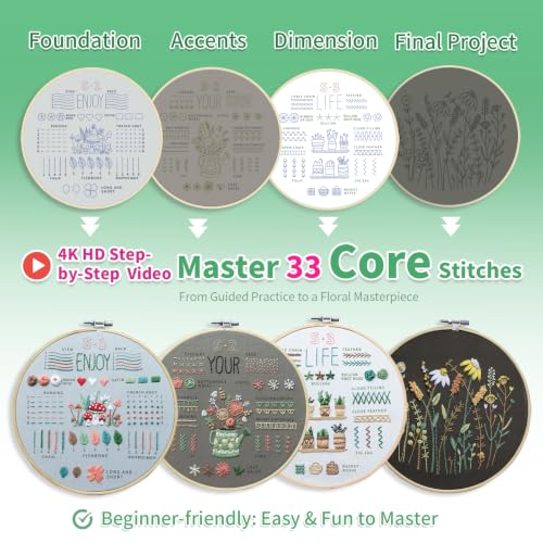Image of ETSPIL Embroidery Kit for Adults, 2 Hoops, 4K Slow-Mo, Pre-Printed Patterns | Stitch Together. 17 Vibrant Floss, Bound Guide. Needle Minder, Storage Tube, All Tools. No Washing. Relaxing Craft for Women