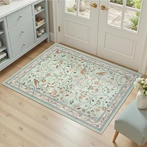 DCX Olive Green Vintage Floral 2x3 Rug, Machine Washable Botanical Bird Rug Non Slip Soft Low Pile Small Carpet for Entryway, Kitchen, Bathroom, Laundry Room 2' x 3' (Rectangular) Beige & Gr