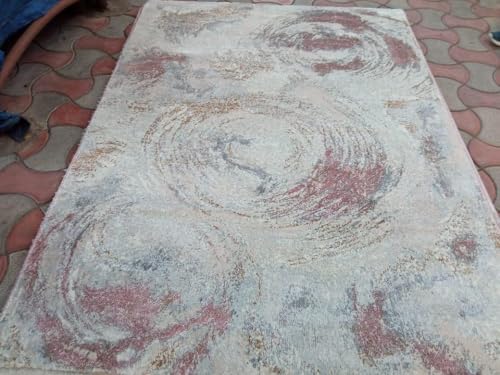 Image of 6x9 Feet (180x270 CM) Carpet for Living Room Hall & Bedroom - Pink Beige Modern Abstract Geometric Silk-Touch Luxury Hotel-Style Washable Anti-Skid Turkish Area Rug