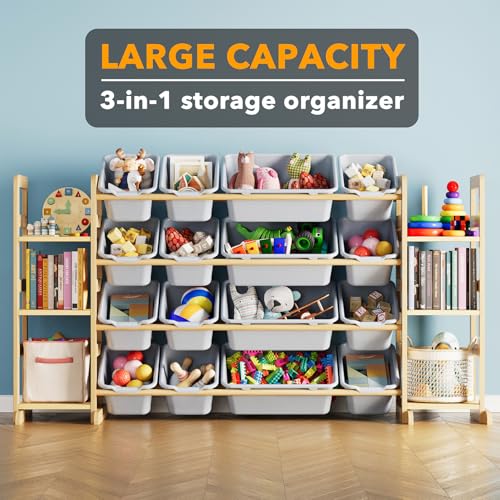 Image of SpaceAid Toy Storage Organizer with 6 Shelves and 16 Bins, Toy Organizers Storage Bookshelf, Kids Bin Shelf Toys Box Bookcase for Bedroom Playroom Organization Room Decor, Neutral Gray