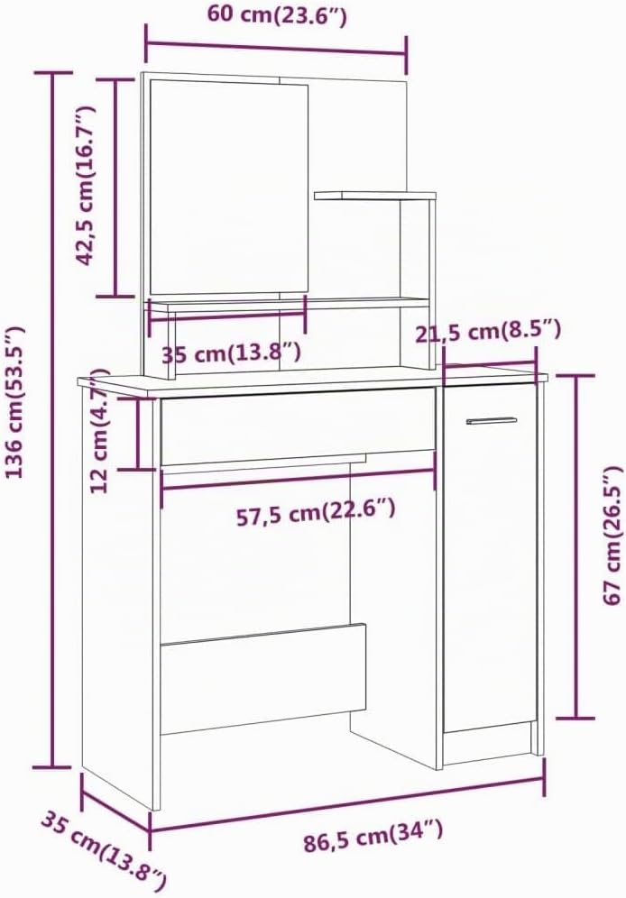 Diagram showing the dimensions of the vidaXL Dressing Table with Mirror: 86.5 cm (34 inches) width, 35 cm (13.8 inches) depth, and 136 cm (53.5 inches) height.