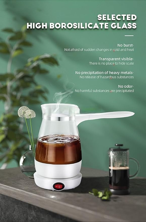Image of Electric Turkish Coffee Maker and Kettle, Glass Pot with Handle, 500ml Capacity, Black and Clear 600W, Multi-Purpose for Coffee, Tea and Milk