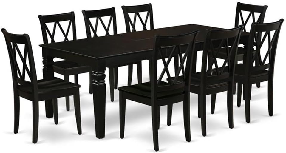9 Piece Dining Room Set for 8 People, Wooden Self Storage Butterfly Leaf Extendable Rectangle Dining Table with Pedestal Legs and 8 Wooden Seat Dining Chairs for Kitchen Dining Room, in Black
