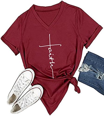 DANVOUY Women's Summer Casual Letters Printed T-Shirt Short Sleeves Graphic V-Neck Tops Wine Red Large
