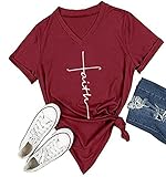 DANVOUY Women's Summer Casual Letters Printed T-Shirt Short Sleeves Graphic V-Neck Tops Wine Red Lar