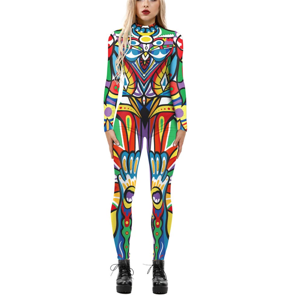 Surwin Women's Colorful Halloween Creative Funny Catsuit Outfits 3D Printed Long Sleeve Skinny Stretch Fancy Dress Up Cosplay Adults Jumpsuit Bodysuit (,S)