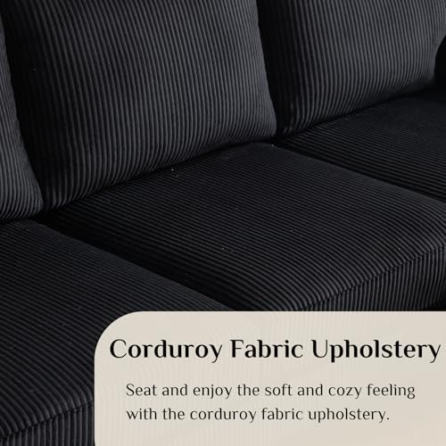 Image of Karl home Compact U-Shape Sectional Sofa Couch 111 inch 4-Seat Black | Modern, Corduroy Fabric Upholstered, Double Chaise, Wood Grain Legs for Living Room, Home Office, Apartment, Studio