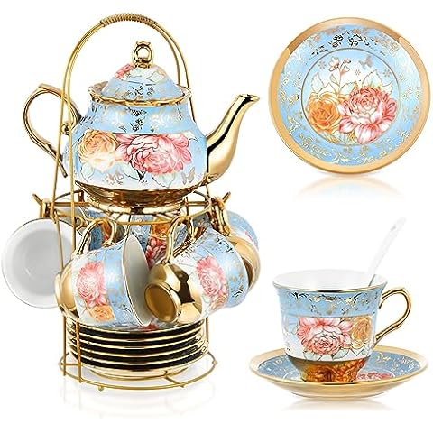 Zhehao 20 Pcs Porcelain Tea Set with Metal Holder and Spoon Adult Ceramic Tea Set European Flower Painting Teapot Cup Saucer Spoon for Women, Large Version(Simplicity Style) Cover