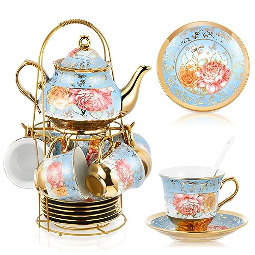 20 Pcs Porcelain Tea Set with Metal Holder and Spoon Adult Ceramic Tea Set European Flower Painting Teapot Cup Saucer Spoon for Women Large Version (Simplicity Style Blue)