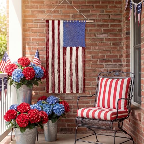 Moukeren Macrame American Flag Wall Hanging 4th of July Patriotic Woven Tapestry Vintage Boho Red White Blue Flag Decor for Independence Day 250th Anniversary Party Decoration, 2.3 x 4 ft by Moukeren - Image 4