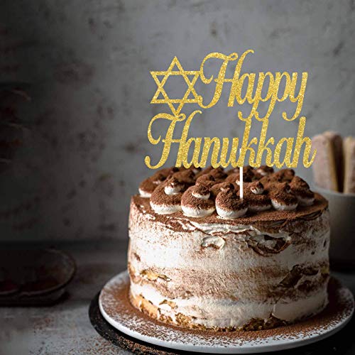 Gold Glitter Happy Hanukkah Cake Topper, Jewish Festival Cake Decor, Chanukah Holiday Party Decoration Supplies, Hanukkah Star Of David Decor #TOP2