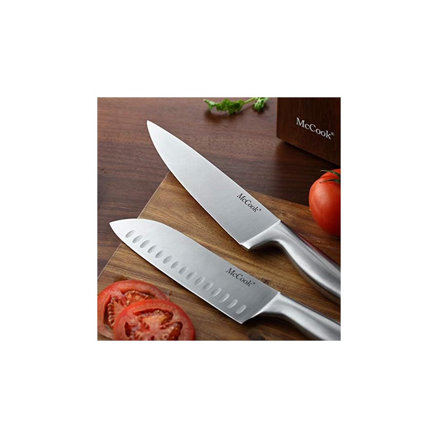 McCook® 11 Piece Knife Set with Built-in Sharpener, German Stainless Steel Hollow Handle Kitchen Knives Set in Acacia Block