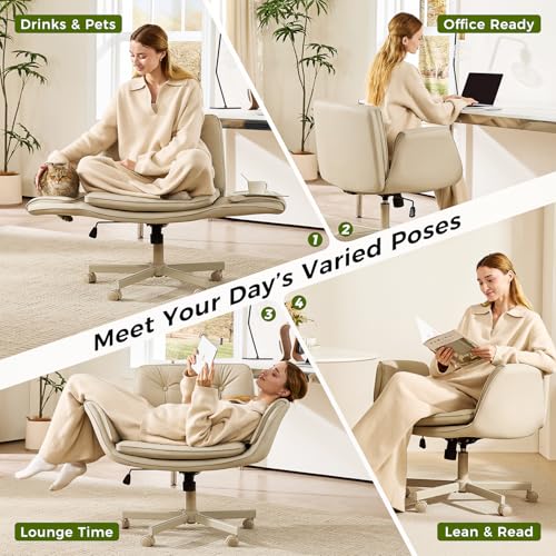 Image of amseatec Criss Cross Office Chair, PU Leather Vanity Chair with 5-Level Adjustable Armrests & Swivel, Ergonomic Criss Cross Chair for Home Office Bedroom Makeup（Cream White）