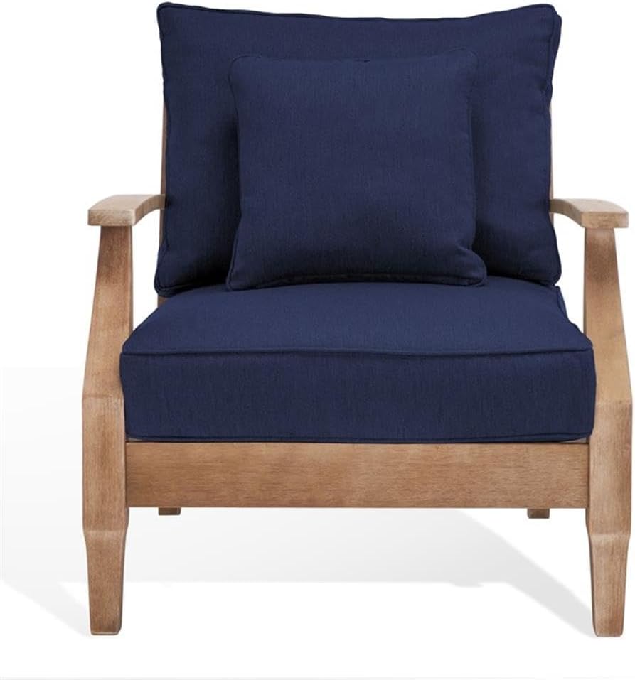 Pemberly Row Eucalyptus Wood Outdoor Armchair, Natural Wood Finish and Navy Accents, 30.5 IN W x 35 IN D x 32.1 IN H, Coastal Style Patio or Deck Chair, Cushioned Seating for Garden and Outdoor Dining