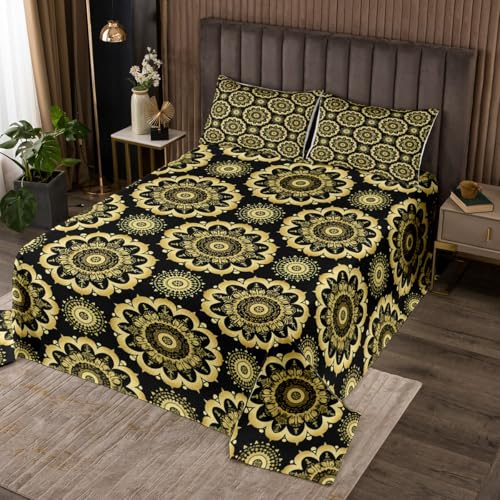 jejeloiu Paisley Coverlet Set Queen Size Damask Pattern Bedspread for Kids Boys Girls Black Gold Bedding Set European Pattern Bed Cover 3Pcs