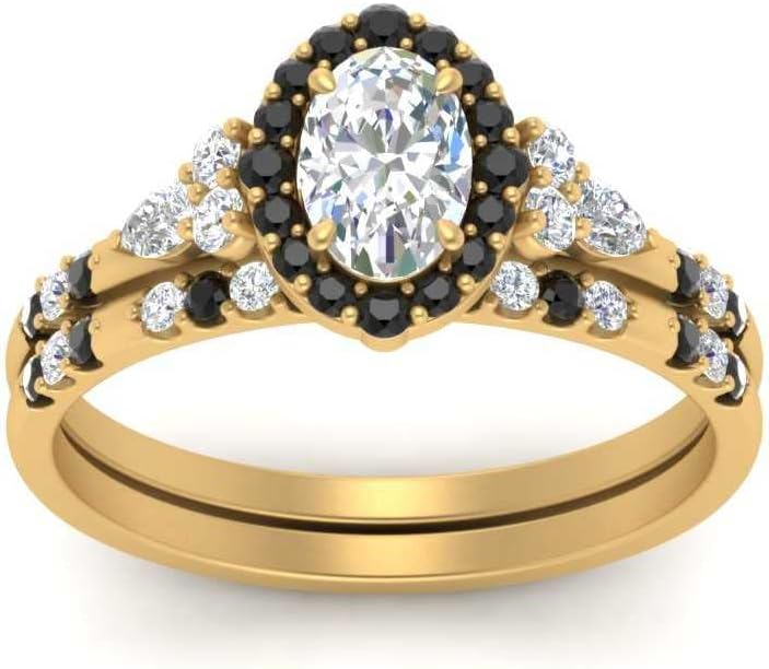 Choose Your Gemstone Halo Edwardian Wedding Ring and Band Yellow Gold Plated Oval Shape Wedding Ring Sets Everyday Jewelry Wedding Jewelry Handmade Gifts for Wife US Size 4 to 12