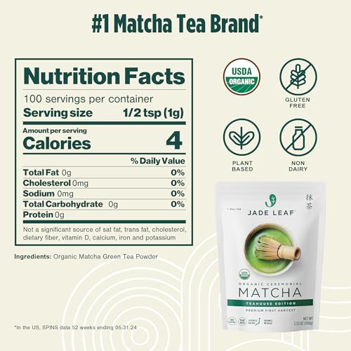 Image of Jade Leaf Matcha Organic Ceremonial Grade Matcha Green Tea Powder - 100% Pure Japanese First Harvest Green Tea for Ceremonies, Usucha, Lattes 100g / 3.53 Ounce Pouch (Pack of 1)