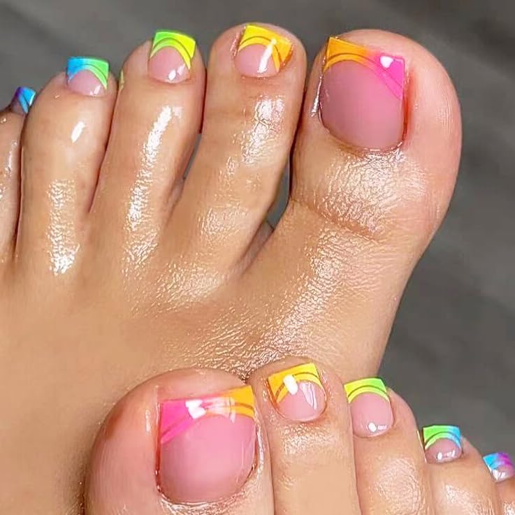 Mezrkuwr 24 uñas postizas de color rosa para dedos de los pies, uñas postizas con diseño de arco iris, bonitas uñas postizas, uñas acrílicas brillantes
