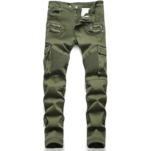 LONGBIDA Men's Moto Biker Jeans Slim fit Skinny Denim Pants with Multi Pockets