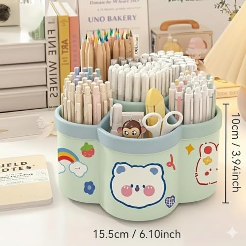 Image of Sumiko Sumiko 360 Degree Rotating Pen Holder Desk School Study Stationery Gift for Students Organiser with Pen and Pencil Holders Pen and Pencil Stationary Storage Plastic Storage Box (GREEN)