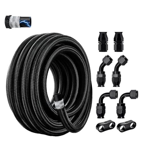 EVIL ENERGY Conductive 8AN PTFE Fuel Line Kit, Antistatic E85 Compatible PTFE Fuel Hose Kit 10FT, AN8 Nylon Braided Fuel Line Hose Black