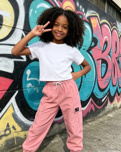 Image of Betusline Girls Fall Winter Clothing Sets, Long Sleeve Crop Top & Cargo Jogger Pants 2 Piece Outfit Sets,4T-14Y