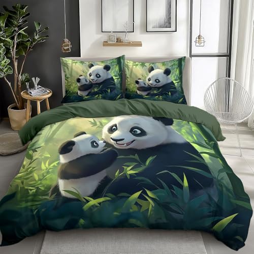Duvet Cover King Size Cartoon Animal Panda Reversible 3 Pieces Duvet Cover Set, Bedding Set for All Season, Soft and Breathable Bedding Set with Zipper Closure