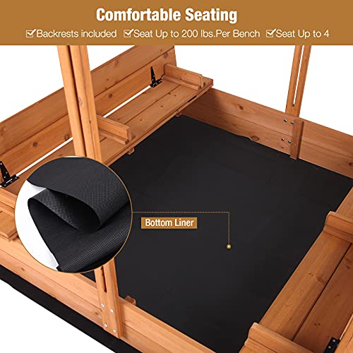 Wooden Cedar Sand Box W Seat, Large Sandbox For Backyard Outdoor Kids Sandpit With Bottom Liner-Adjustable Canopy Shade #TOP3