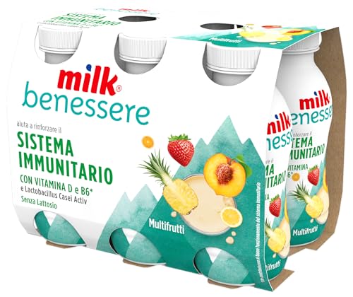 Milk Latte Fermentato senza Lattosio con Vitamina D, Vitamina B6, Fermenti Lattici - Linea Benessere, Bevanda Gusto Frutta senza Lattosio, Aiuta le Difese Immunitarie (Multifrutti 6 x 100g)