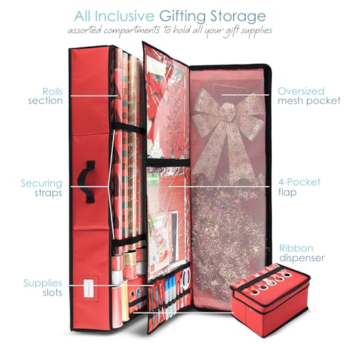 Image of Hearth & Harbor Wrapping Paper Storage Container - Christmas Storage Bag with Ribbon Dispenser and Interior Pockets - Gift Wrap Organizer Fits Up to 26 Rolls of 40 inch Length, Red